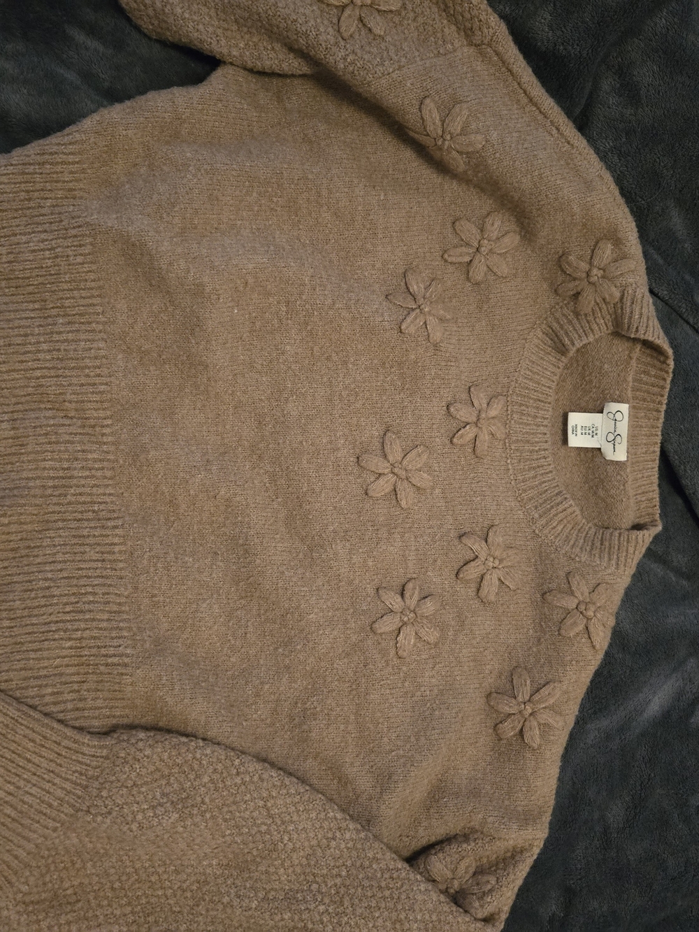 Jessica Simpson Taupe Floral Appliqué Crewneck Sweater
